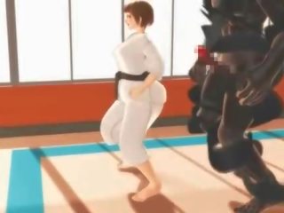 Kedi kostümü karate genç bayan irklararası anal üzerinde bir masif floppi göğüsler içinde 3d