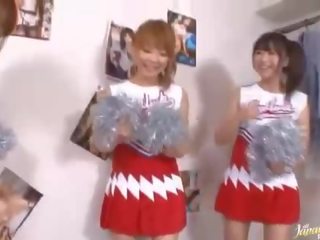 Three big tits japanese cheerleaders sharing member